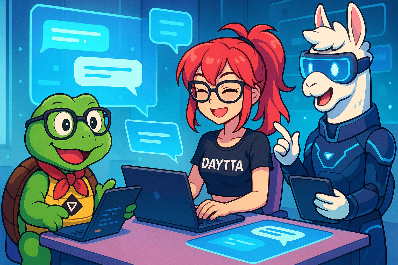 The Kautious turtle, Daytta, and Llamox llama working together at a research desk
